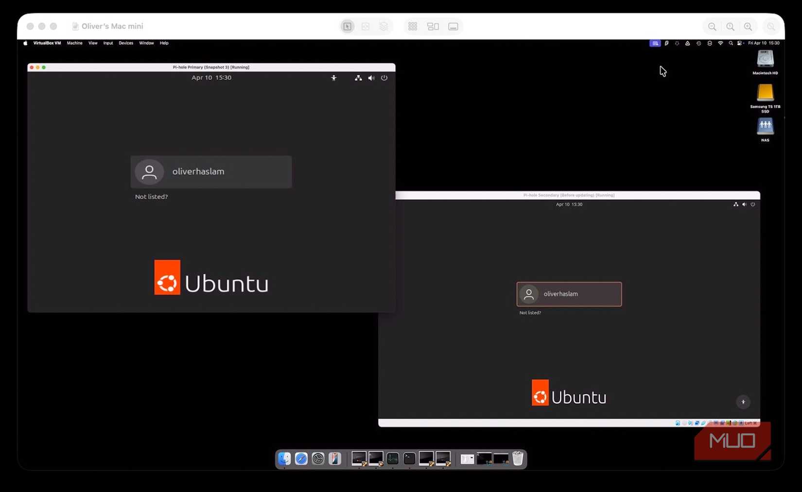 لقطة شاشة تظهر جهازي Ubuntu افتراضيين عند شاشة تسجيل الدخول.