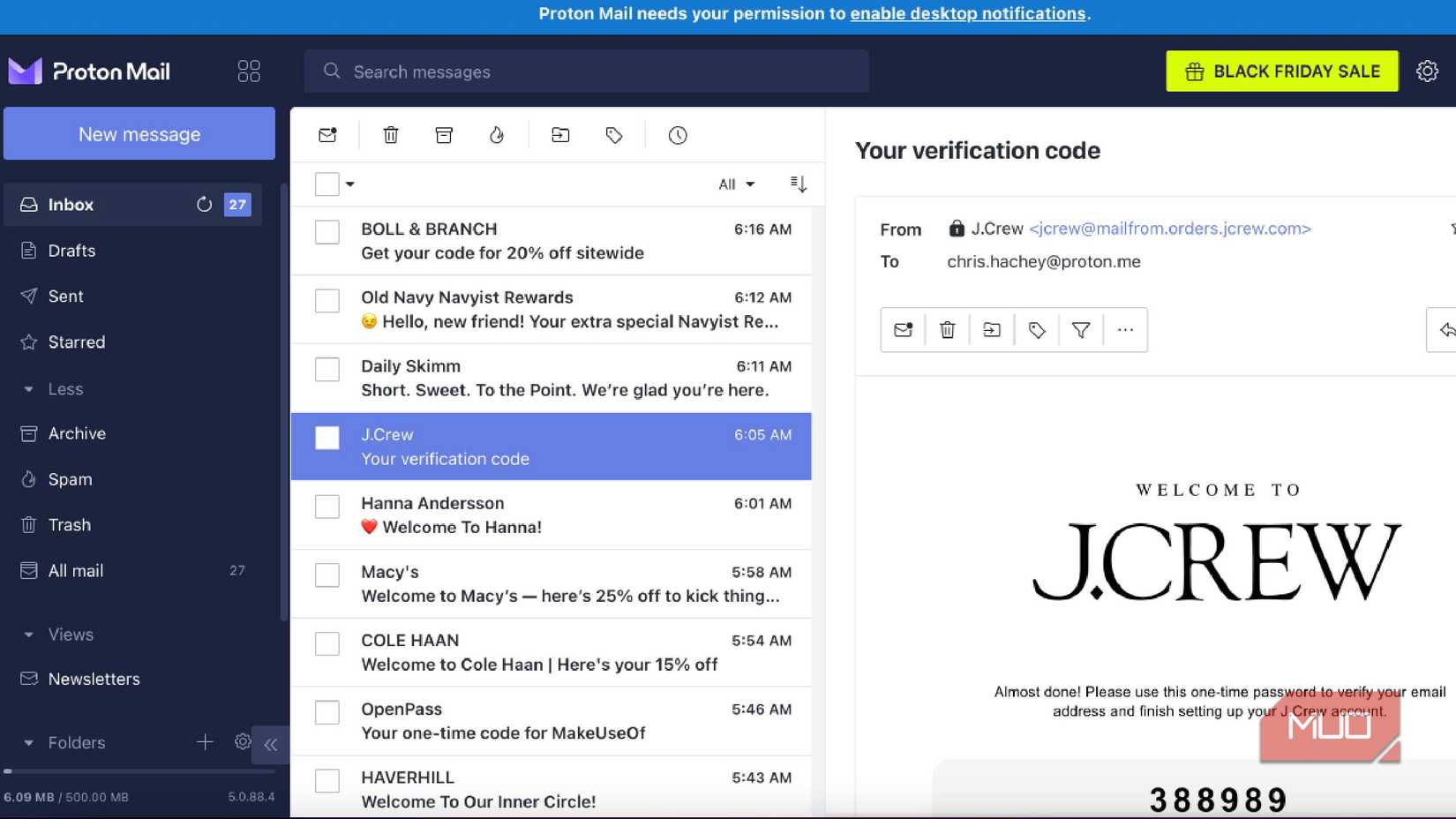 واجهة Proton Mail في المتصفح