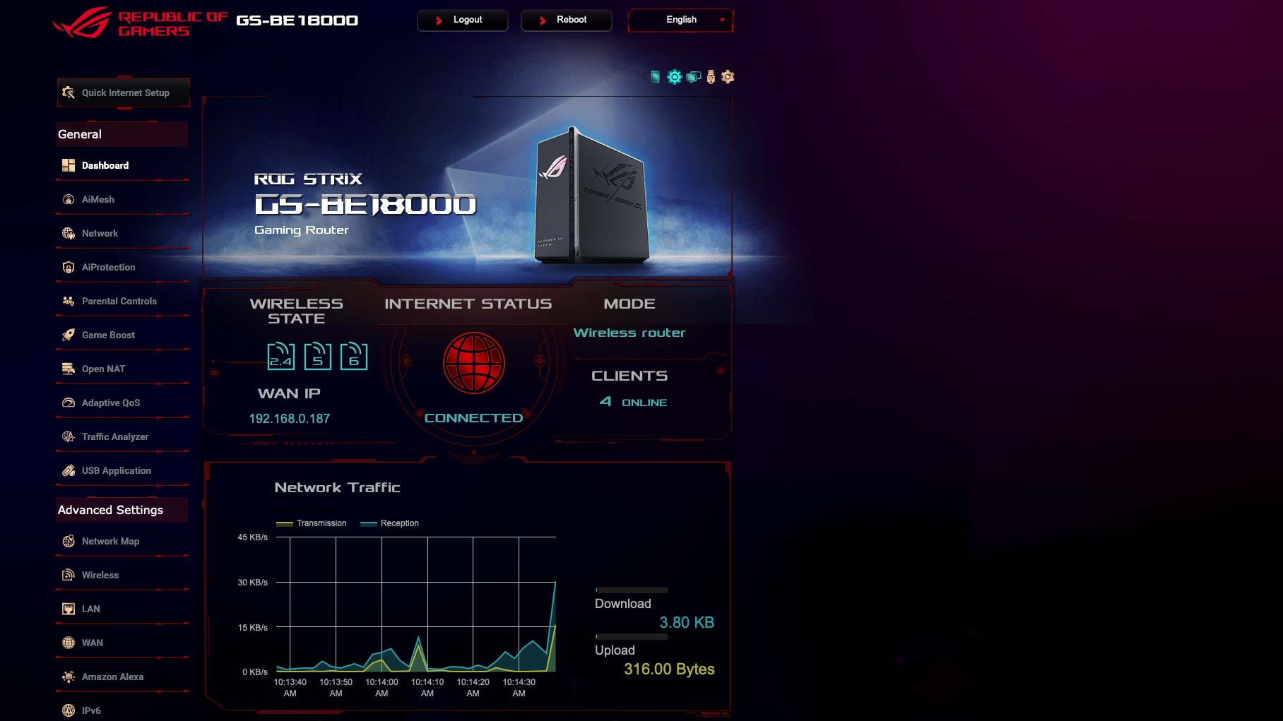 الصفحة الرئيسية لواجهة متصفح راوتر الألعاب Asus ROG Strix GS-BE18000