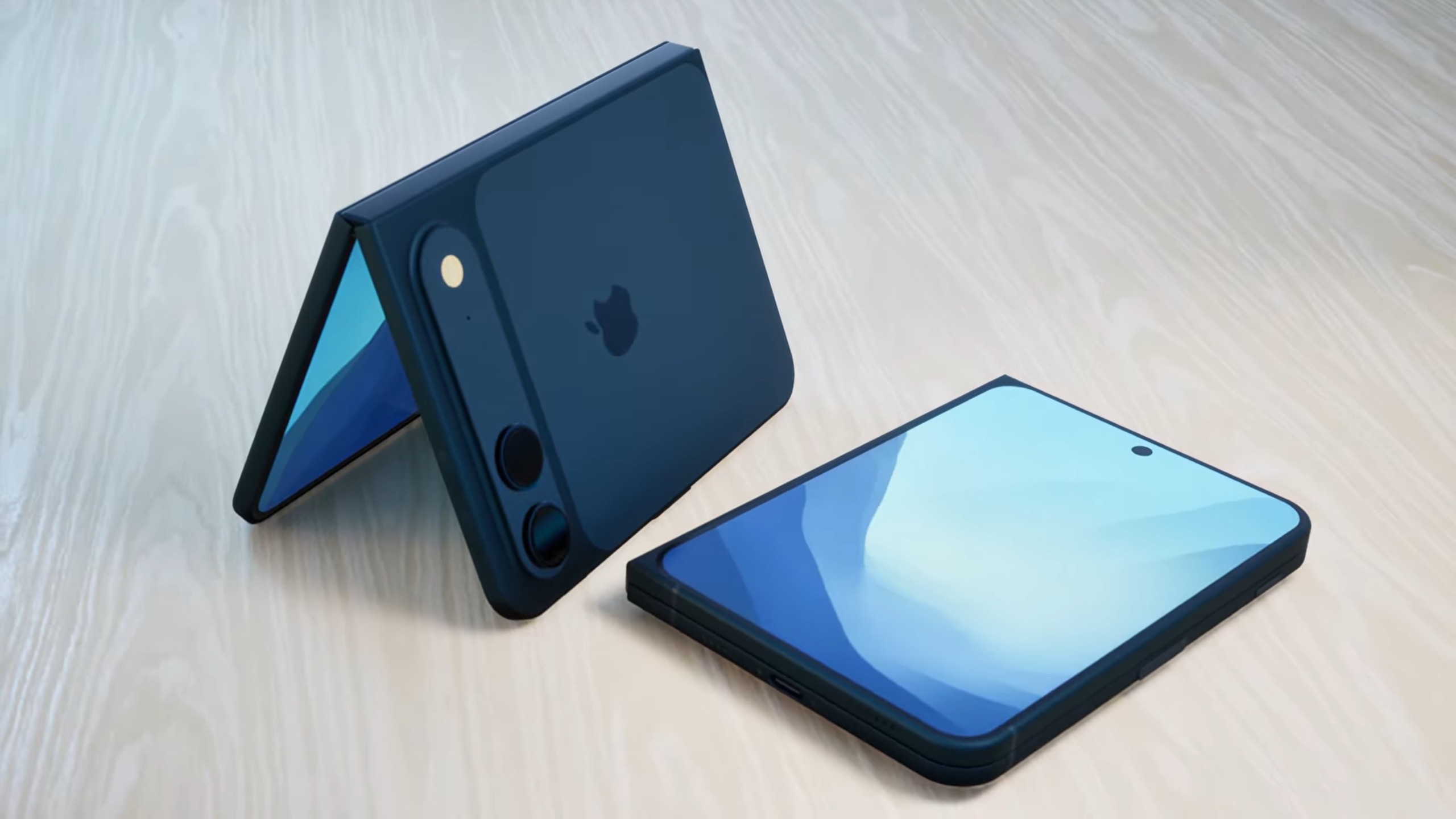 تصور غير رسمي لهاتف iPhone Fold، مغلق ومفتوح بوضعية الخيمة