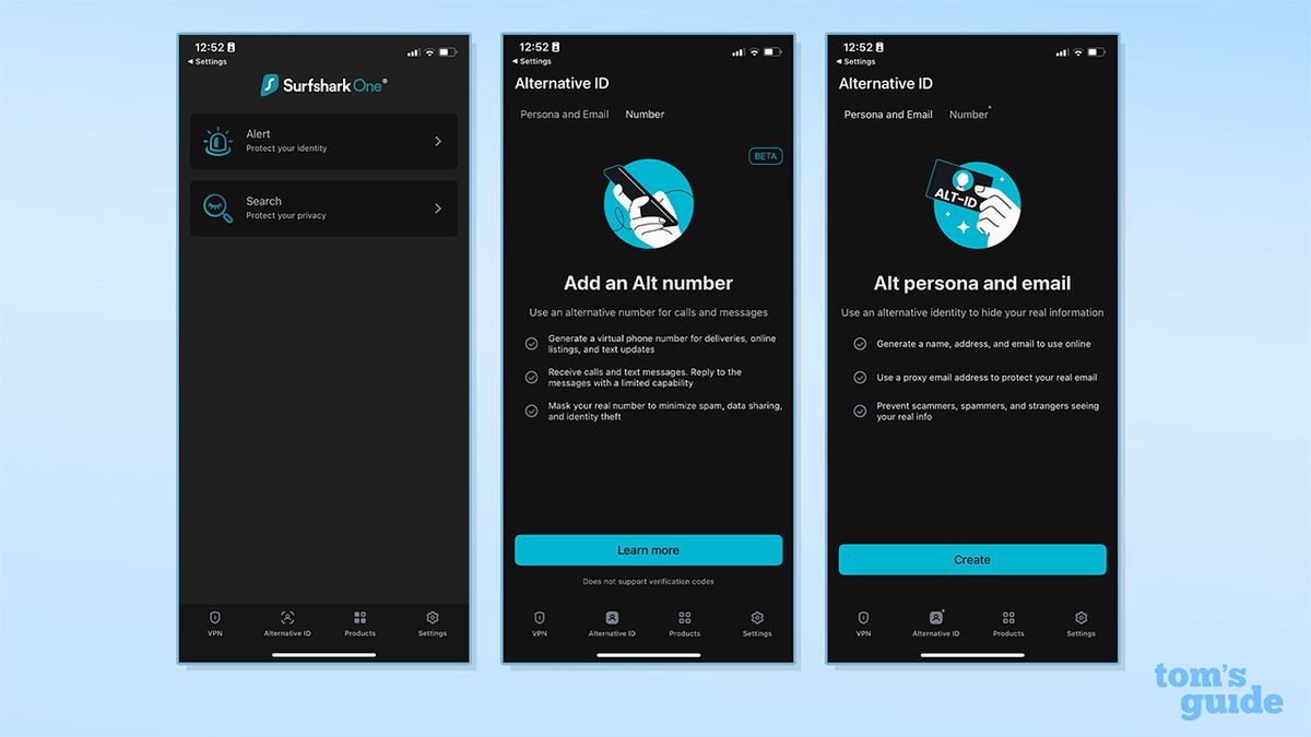 ثلاث لقطات شاشة لتطبيقات Surfshark على الهاتف المحمول