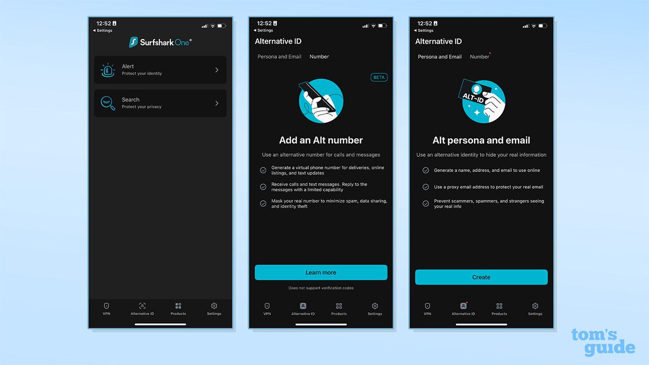 ثلاث لقطات شاشة لتطبيقات Surfshark على الهاتف المحمول