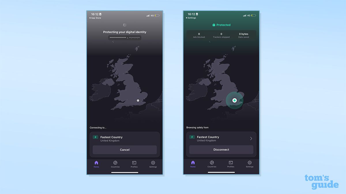 لقطتا شاشة تعرضان Proton VPN متصلاً على تطبيق iOS الخاص به. على اليسار، يظهر Proton VPN أثناء الاتصال على تطبيق iOS الخاص به. أسفل ذلك توجد أداة تعرض أن VPN يتصل بأسرع بلد. على اليمين يظهر Proton VPN متصلاً على تطبيق iOS الخاص به. يوجد عنوان فوق خريطة للمملكة المتحدة باللون الرمادي يقرأ "محمي"، مع أداة أسفلها لتتبع الإعلانات المحظورة، وأجهزة التتبع المتوقفة، والبيانات المحفوظة.