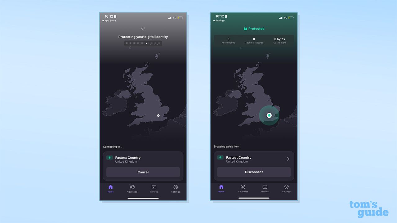 لقطتا شاشة تعرضان Proton VPN متصلاً على تطبيق iOS الخاص به. على اليسار، يظهر Proton VPN أثناء الاتصال على تطبيق iOS الخاص به. أسفل ذلك توجد أداة تعرض أن VPN يتصل بأسرع بلد. على اليمين يظهر Proton VPN متصلاً على تطبيق iOS الخاص به. يوجد عنوان فوق خريطة للمملكة المتحدة باللون الرمادي يقرأ "محمي"، مع أداة أسفلها لتتبع الإعلانات المحظورة، وأجهزة التتبع المتوقفة، والبيانات المحفوظة.