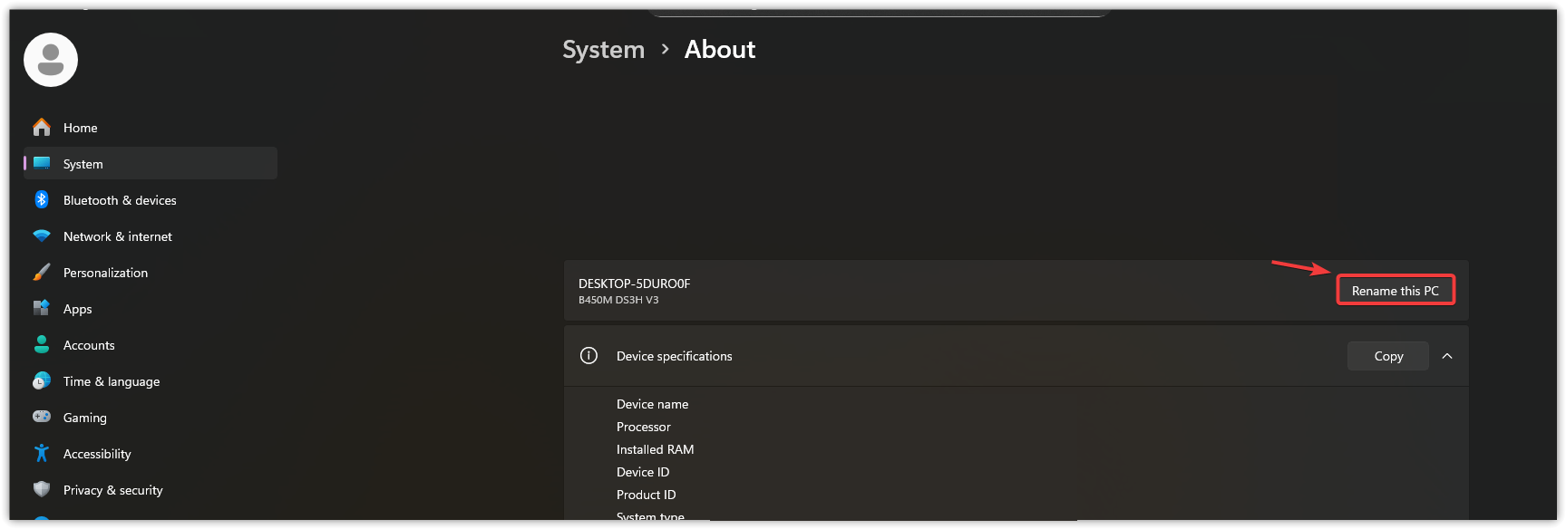 لقطة شاشة لزر إعادة تسمية هذا الكمبيوتر في إعدادات Windows