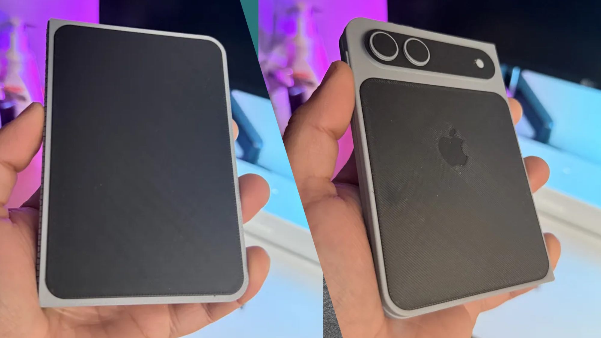 نموذج أولي مطبوع ثلاثي الأبعاد لهاتف iPhone Fold يظهر الشاشة الأمامية وظهر الجهاز.