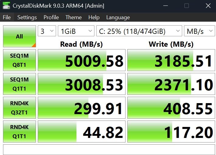 نتائج CrystalDiskMark لقرص SSD في ASUS Zenbook A14