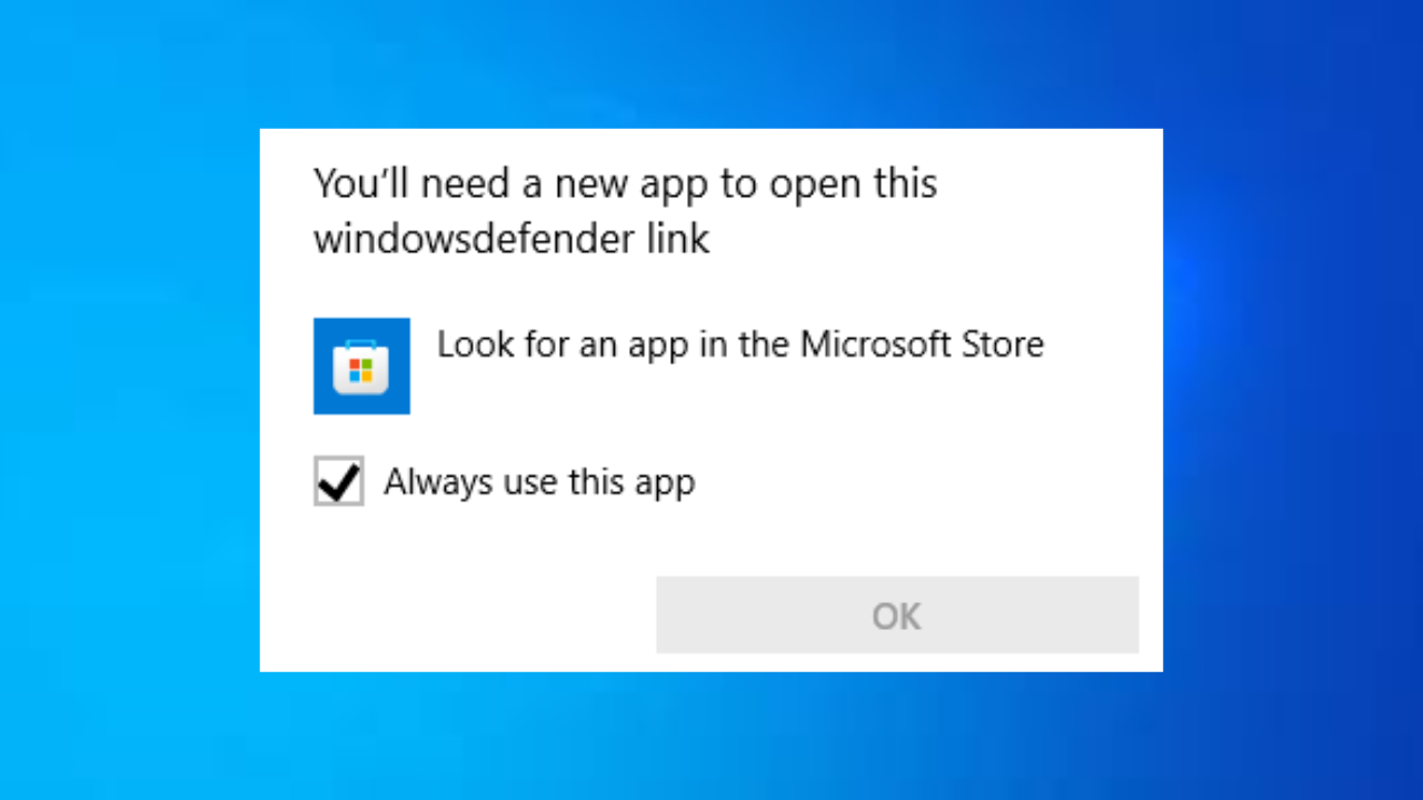 لقطة شاشة لرسالة الخطأ 'You'll need a new app to open this windowsdefender link' في Windows