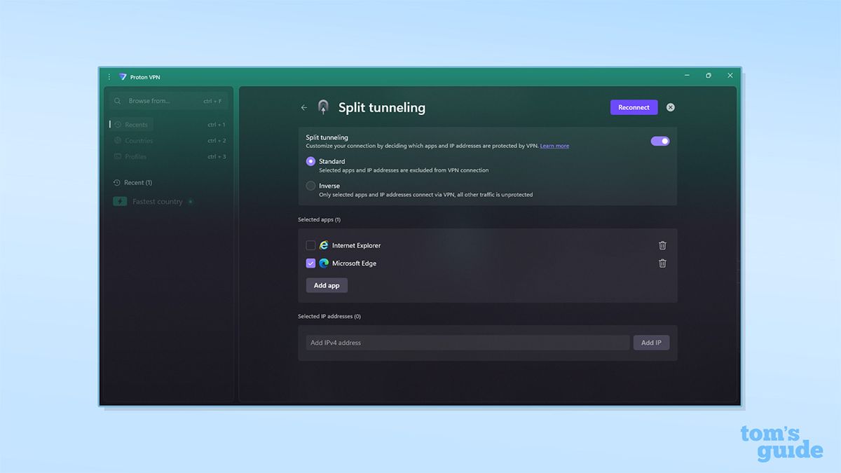 علامة تبويب Split tunneling في تطبيق Proton VPN على Windows. توجد خيارات لضبط Split tunneling للوضع القياسي (المحدد) أو العكسي.