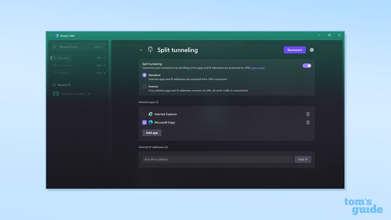 علامة تبويب Split tunneling في تطبيق Proton VPN على Windows. توجد خيارات لضبط Split tunneling للوضع القياسي (المحدد) O العكسي.