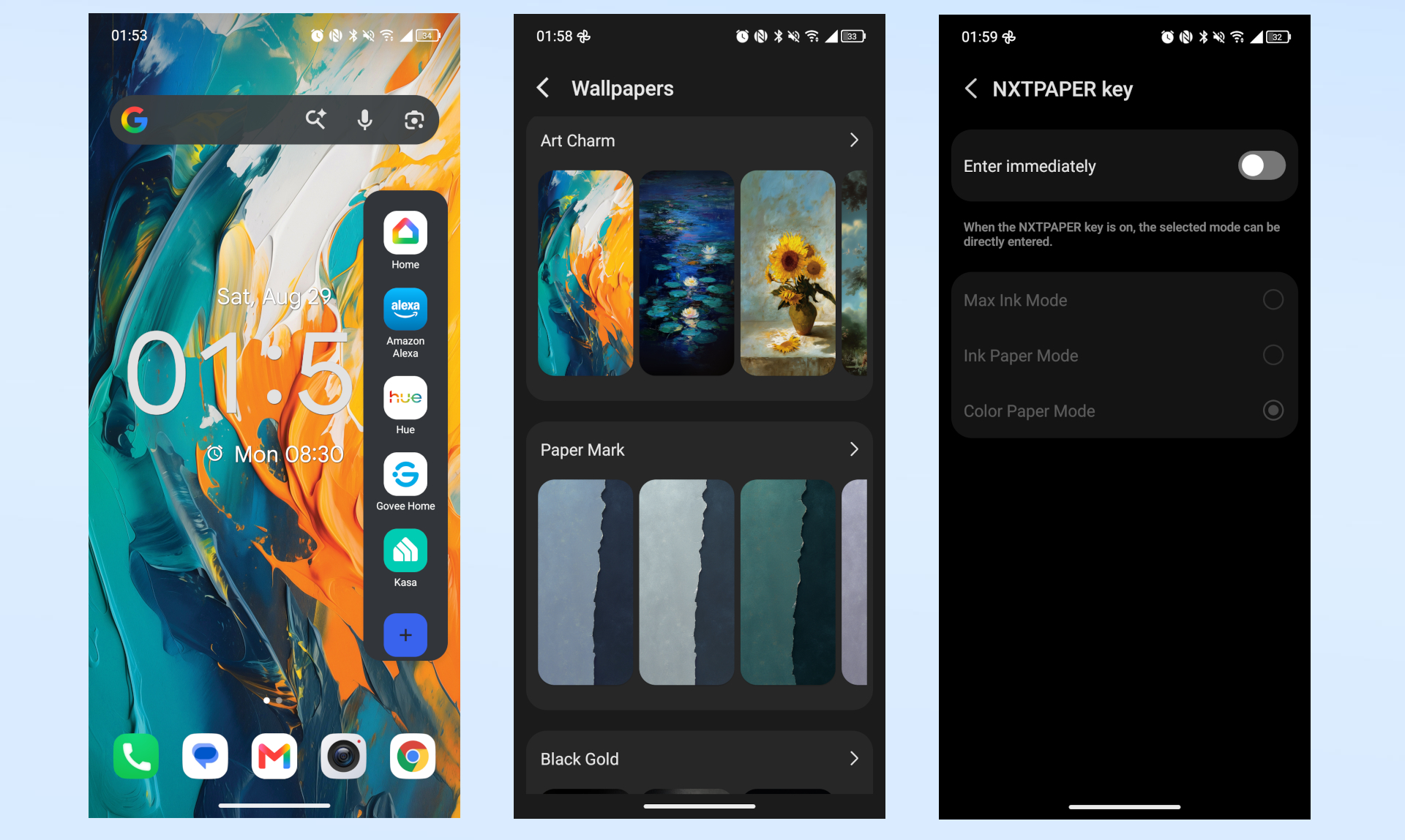 سلسلة من لقطات الشاشة تعرض التطبيقات والإعدادات على هاتف TCL NXTPAPER 70 Pro