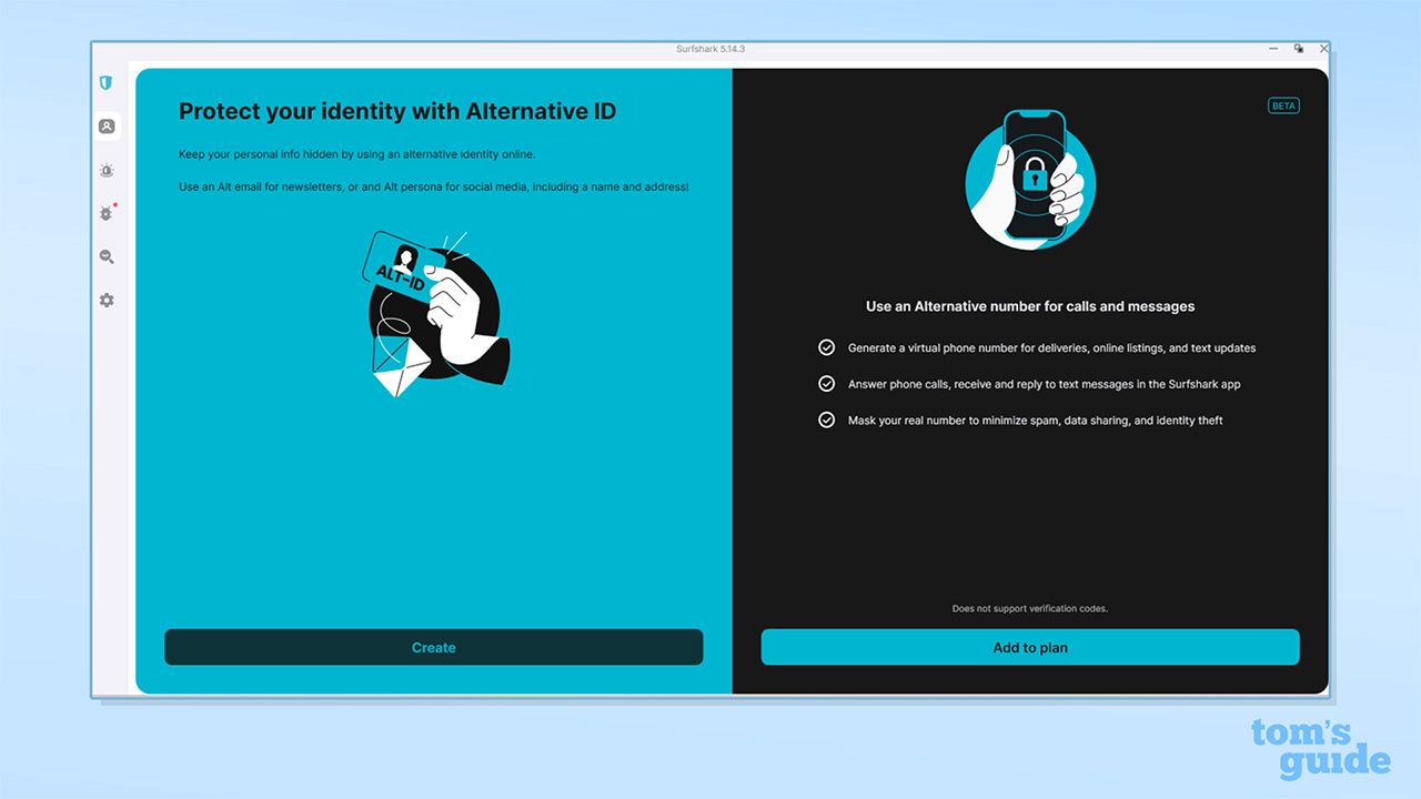 ميزة الهوية البديلة (Alternative ID) في تطبيق Surfshark على Windows. تنقسم الشاشة إلى قسمين: Alt-ID والرقم البديل (Alternative Number).