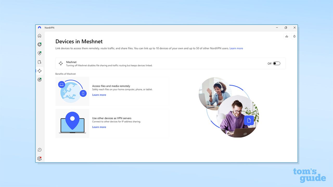 علامة تبويب Meshnet من NordVPN في تطبيق Windows الخاص به. تُظهر: يوجد خيار لتشغيل Meshnet، وهو معطل حاليًا. كما توجد أيقونتان تُشيران إلى: "الوصول إلى الملفات والوسائط عن بُعد. الوصول بأمان إلى الملفات على جهاز الكمبيوتر المنزلي O الهاتف O الجهاز اللوحي" و"استخدام أجهزة أخرى <a href=