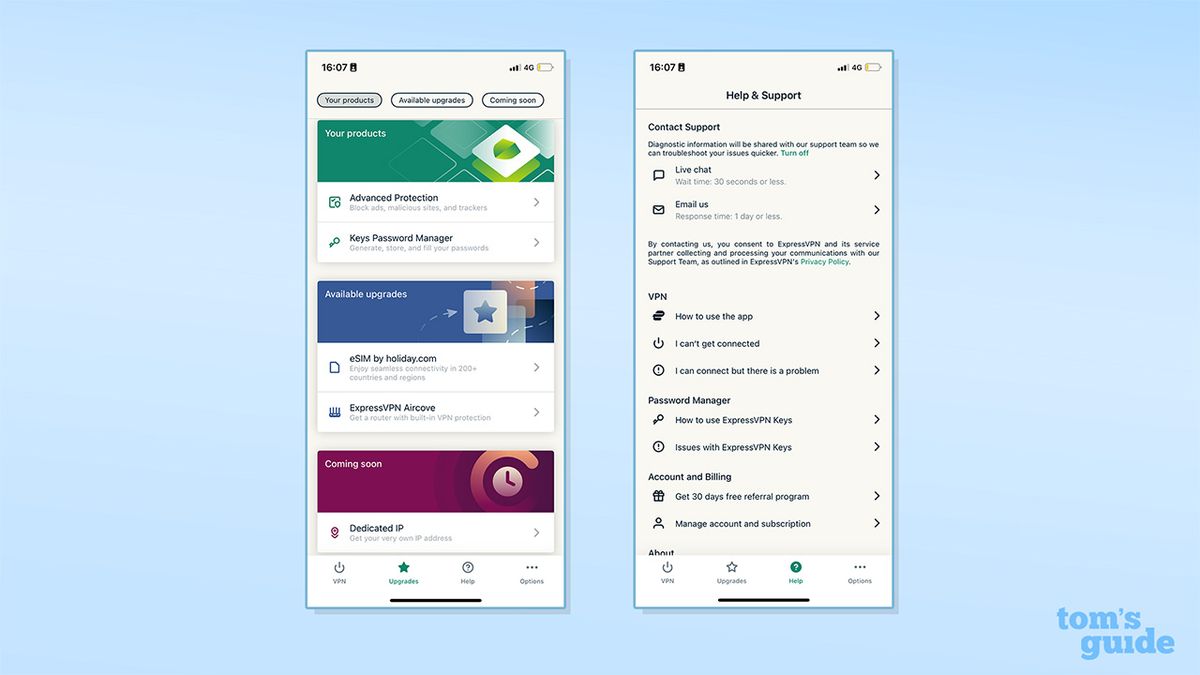 لقطتا شاشة تعرضان علامتي تبويب التحديثات والمساعدة في تطبيق ExpressVPN على iOS. على اليسار توجد علامة تبويب التحديثات، وعلى اليمين توجد علامة تبويب المساعدة.