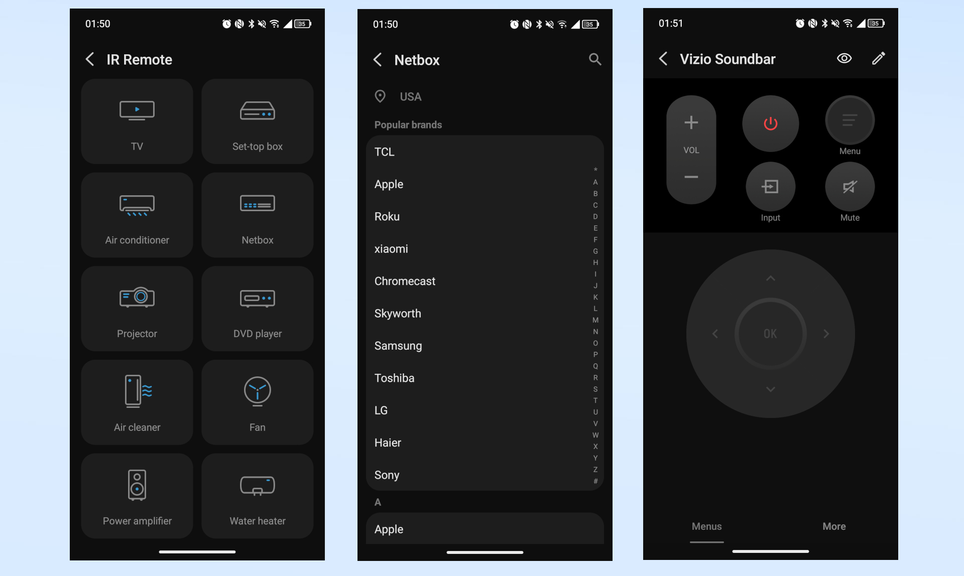 سلسلة لقطات شاشة تعرض تطبيق IR Remote من TCL على هاتف TCL NXTPAPER 70 Pro