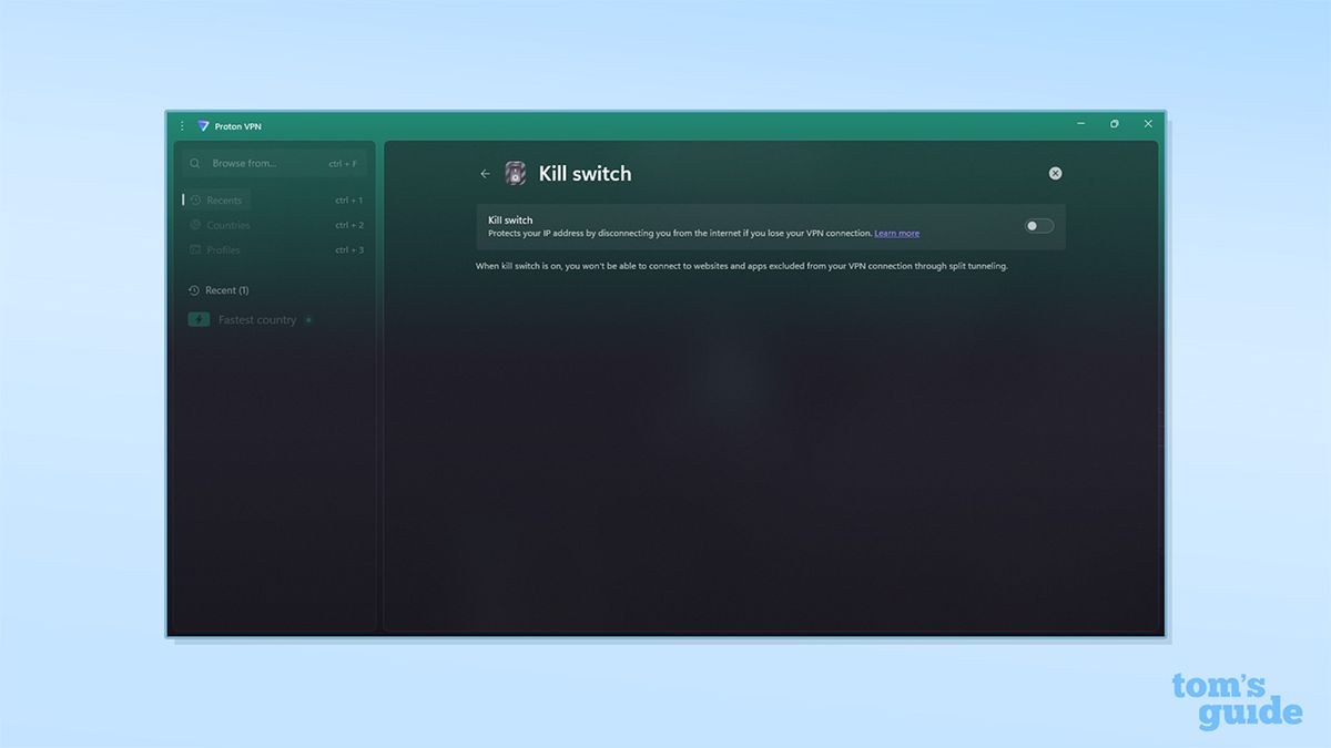 مفتاح Kill switch في تطبيق Proton VPN على Windows. يوجد خيار لتبديل مفتاح Kill switch بين التشغيل والإيقاف، وهو حاليًا مضبوط على وضع الإيقاف.