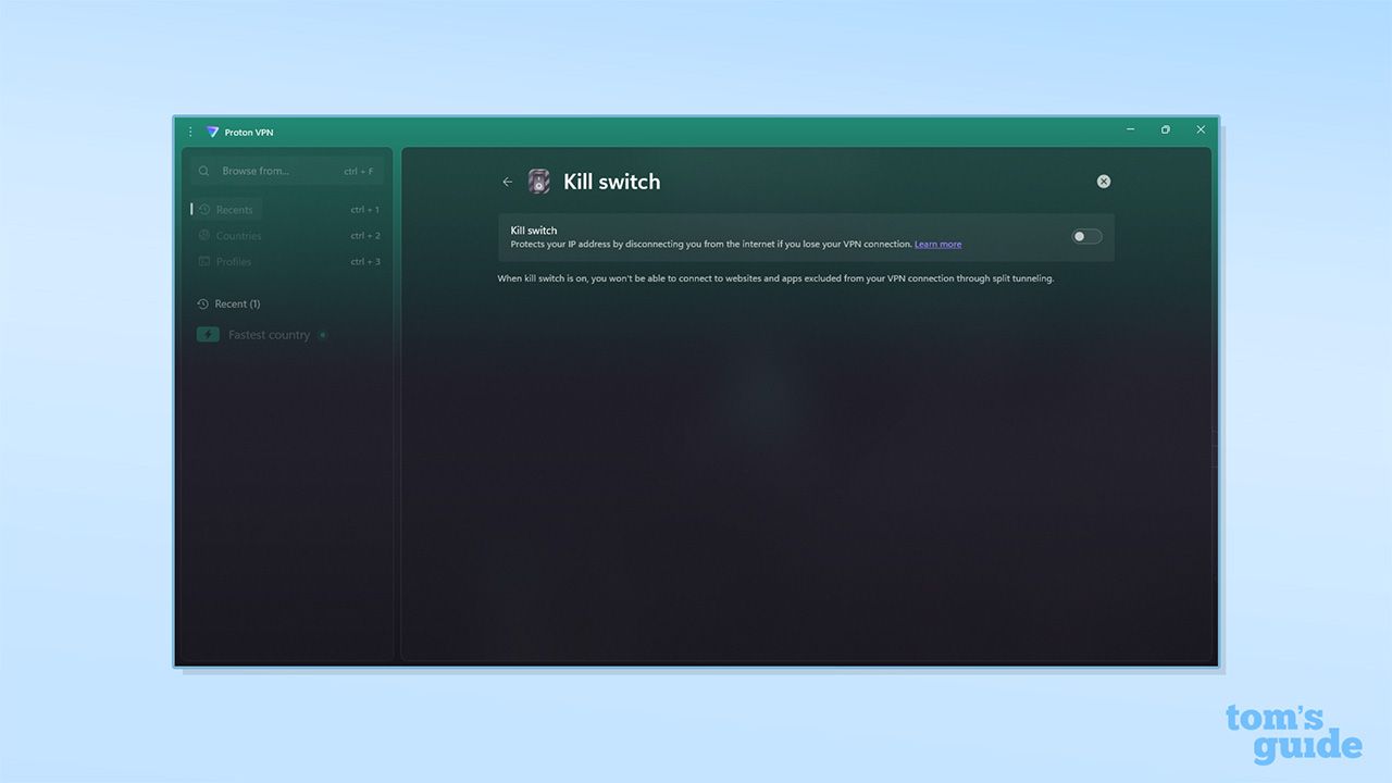 مفتاح Kill switch في تطبيق Proton VPN على Windows. يوجد خيار لتبديل مفتاح Kill switch بين التشغيل والإيقاف، وهو حاليًا مضبوط على وضع الإيقاف.