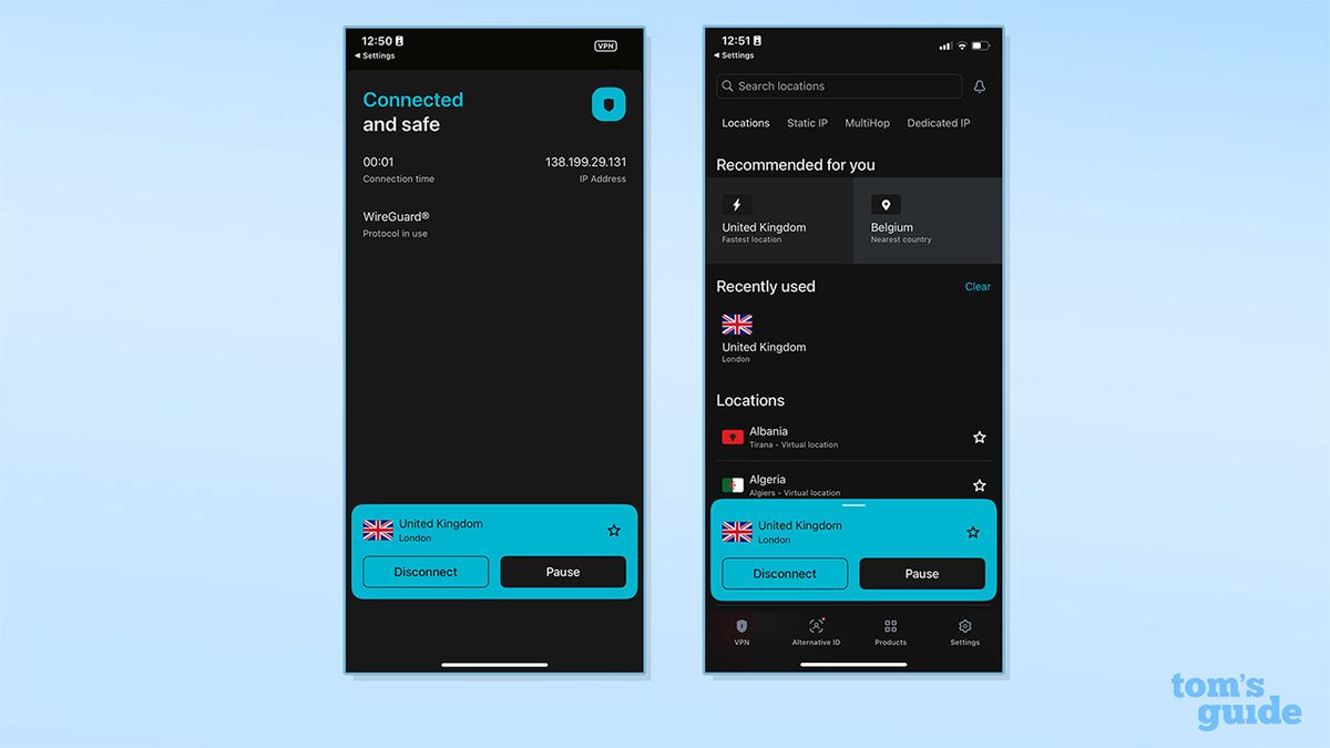 لقطتا شاشة تعرضان قائمة خوادم Surfshark وصفحتها الرئيسية على تطبيق iOS.