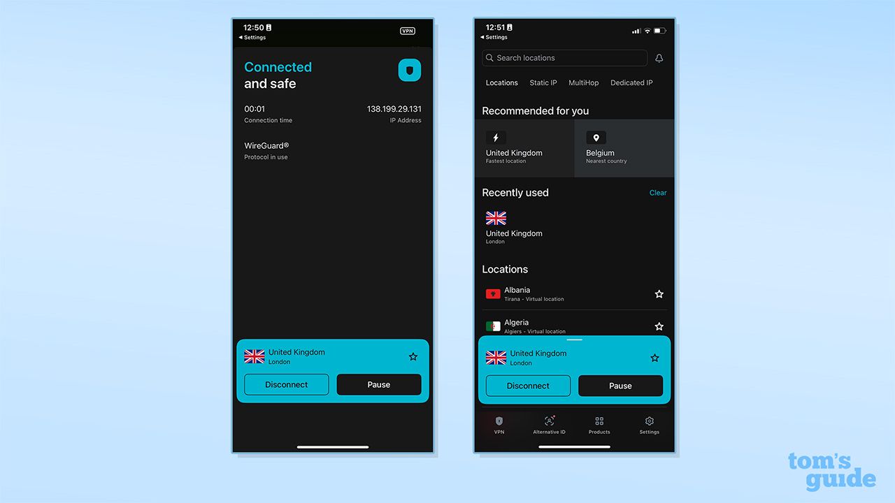لقطتا شاشة تعرضان قائمة خوادم Surfshark وصفحتها الرئيسية على تطبيق iOS.