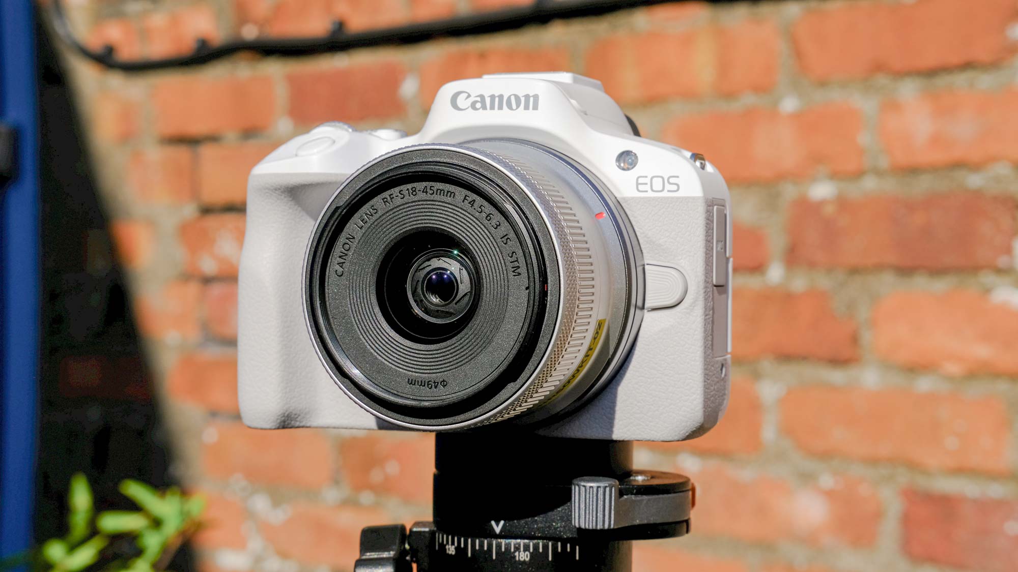 كاميرا Canon EOS R50 مثبتة على حامل ثلاثي الأرجل