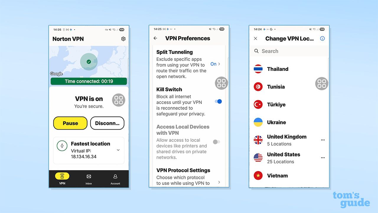 ثلاث لقطات شاشة لتطبيق Norton VPN على Android