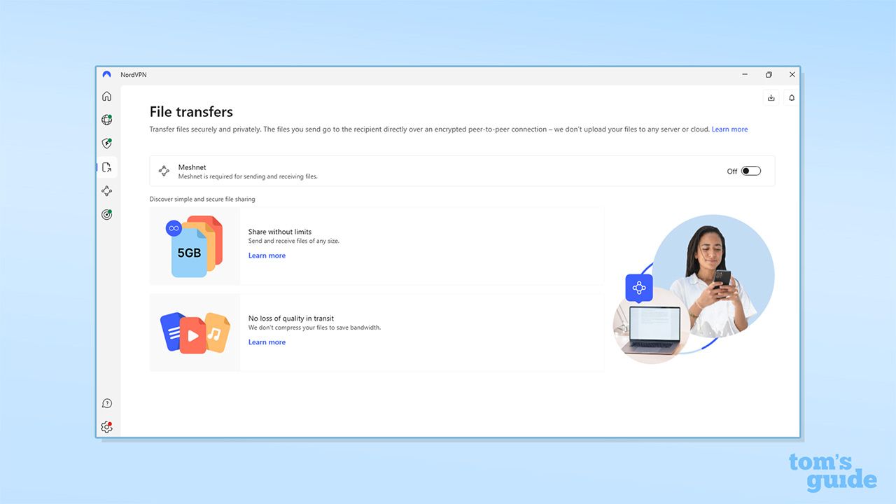علامة تبويب نقل الملفات من NordVPN على تطبيق Windows الخاص به. تُظهر: "File transfers. انقل الملفات بأمان وخصوصية. تُرسل الملفات التي ترسلها إلى المستلم مباشرة عبر اتصال نظير إلى نظير مشفر – لا نقوم بتحميل ملفاتك إلى أي خادم O سحابة." أسفل ذلك يوجد خيار تفعيل Meshnet.