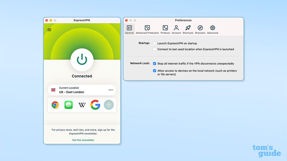 واجهة ExpressVPN ومربع حوار الإعدادات على خلفية زرقاء