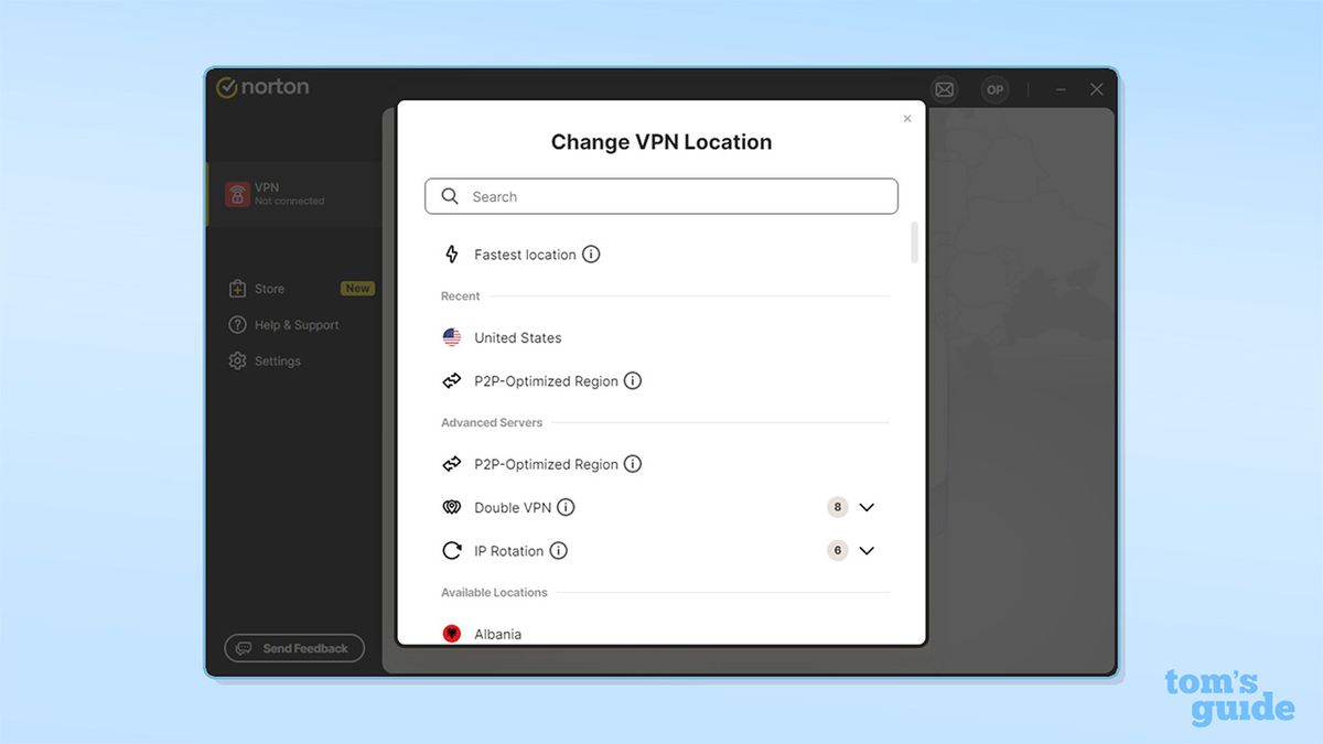 لقطة شاشة لاختيار الخادم في Norton VPN