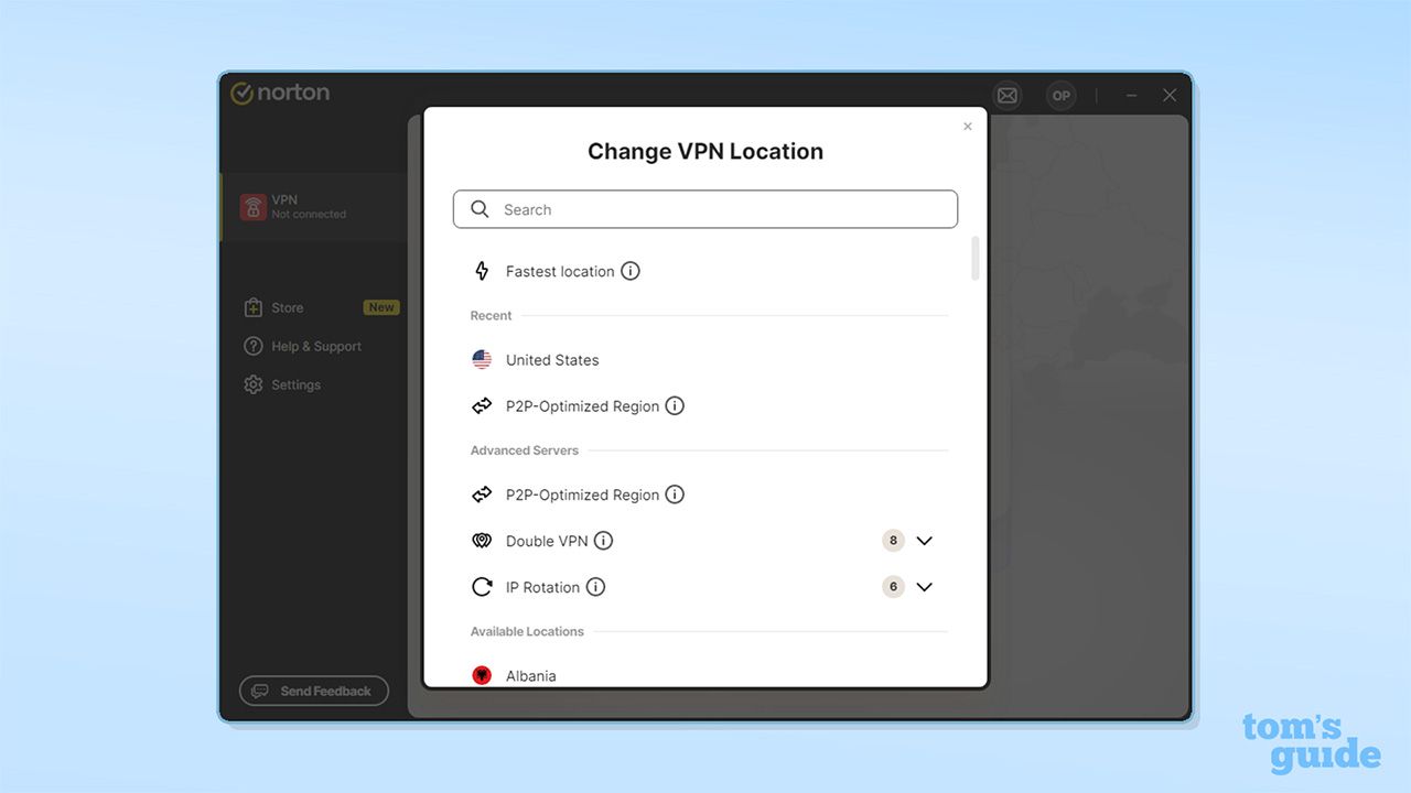 لقطة شاشة لاختيار الخادم في Norton VPN