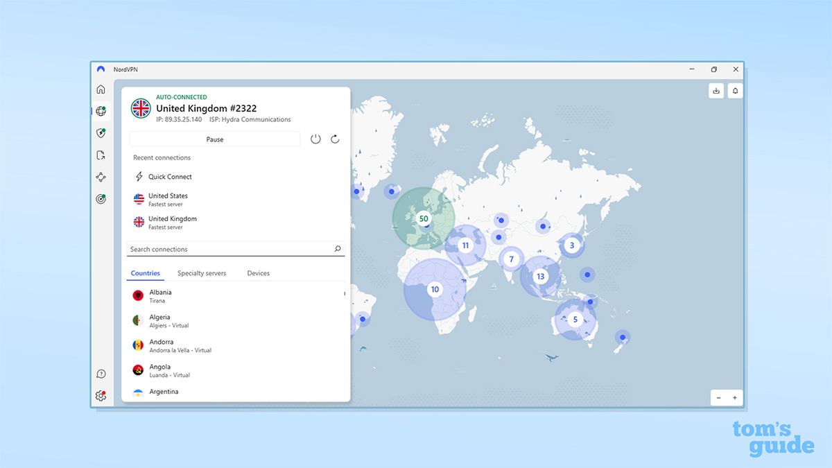 قائمة خوادم NordVPN في تطبيقها على Windows. تظهر خريطة عالمية مع مناطق بنفسجية تسلط الضوء على جميع البلدان التي تمتلك فيها NordVPN خوادم. توجد أيضًا واجهة للخوادم مع خيارات للبلدان والخوادم المتخصصة والأجهزة.