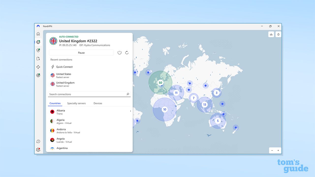 قائمة خوادم NordVPN في تطبيقها على Windows. تظهر خريطة عالمية مع مناطق بنفسجية تسلط الضوء على جميع البلدان التي تمتلك فيها NordVPN خوادم. توجد أيضًا واجهة للخوادم مع خيارات للبلدان والخوادم المتخصصة والأجهزة.