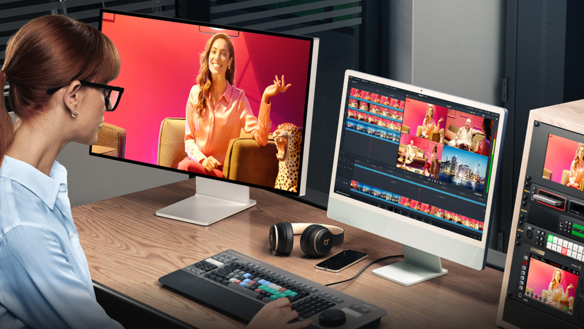 مُنشئ محتوى أمام شاشتين تعرضان DaVinci Resolve