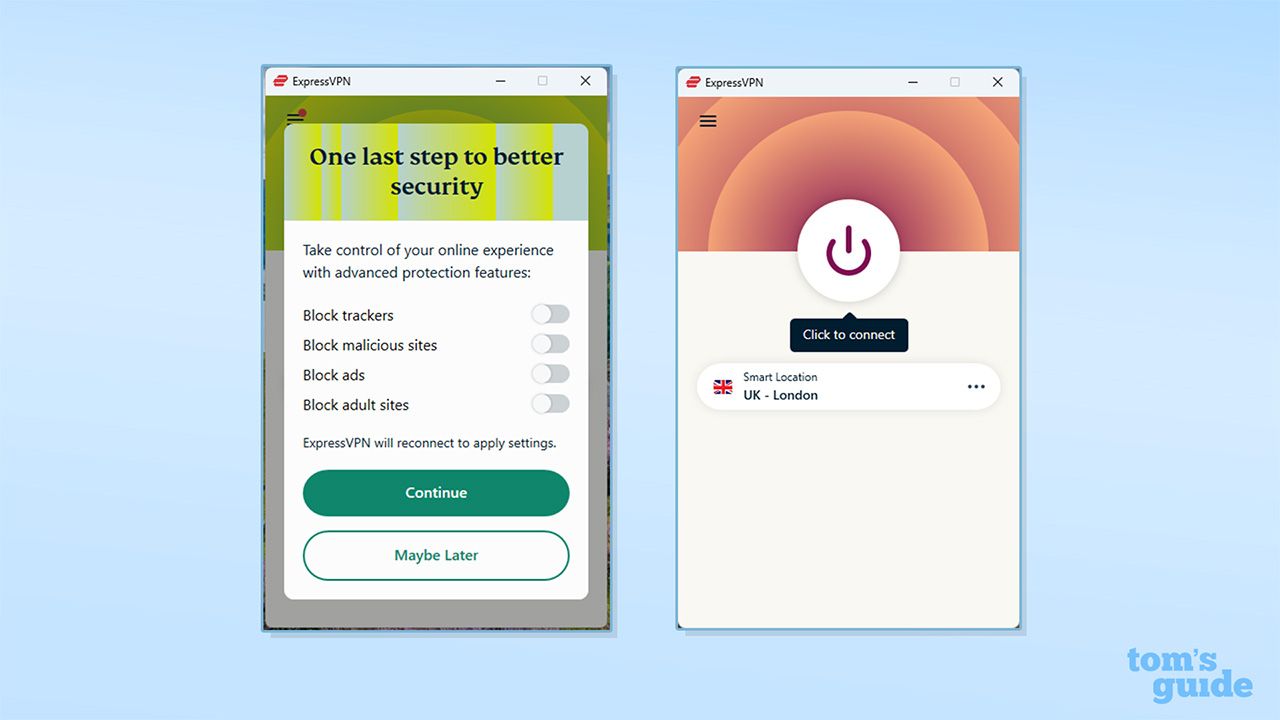 لقطتا شاشة تُظهران ExpressVPN عند بدء التشغيل على Windows.