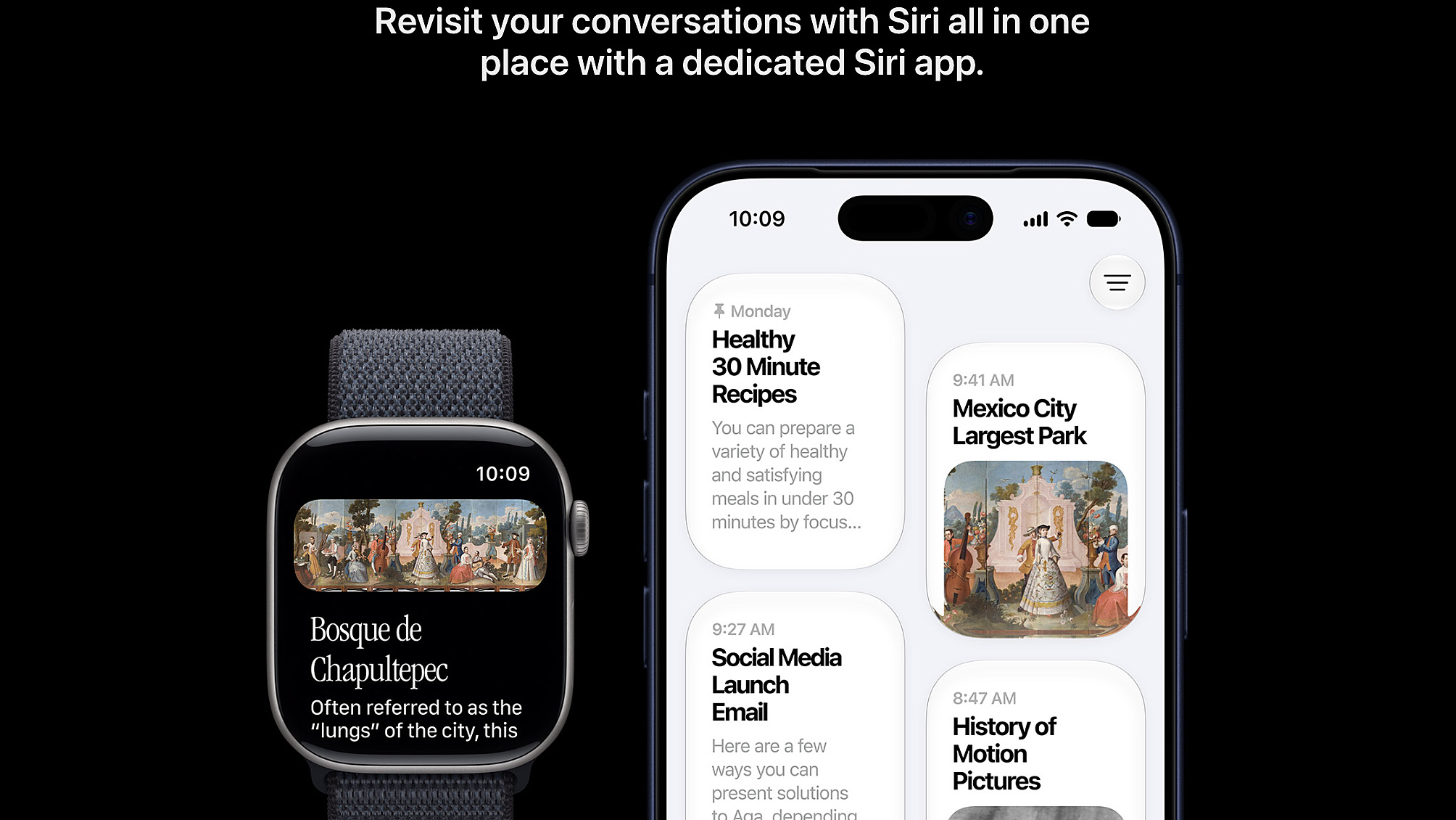 لقطة مقربة لجهاز iPhone وساعة Apple Watch تُظهر محادثة Siri AI مستمرة