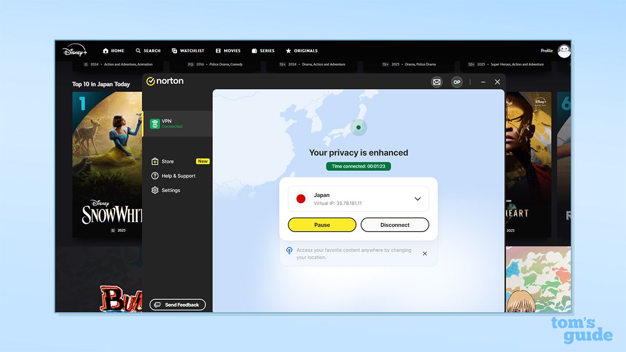 لقطة شاشة لـ Norton VPN وهو يفتح Disney Plus عند الاتصال بخادم ياباني