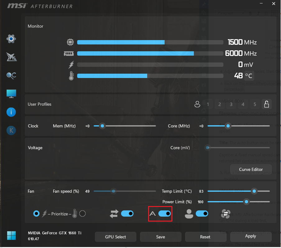 النافذة الرئيسية لبرنامج MSI Afterburner تُظهر تمكين التحكم التلقائي (Auto) بالمروحة بدلاً من سرعة مروحة يدوية ثابتة.