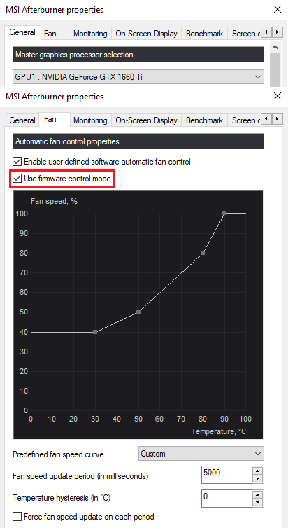 علامة تبويب Fan في MSI Afterburner تظهر تفعيل وضع التحكم بالبرامج الثابتة (Use firmware control mode) لبطاقة رسومية لسطح المكتب.
