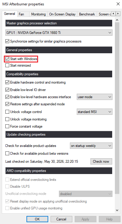 إعدادات MSI Afterburner تعرض خياري Start with Windows و Apply at Windows Startup في النافذة الرئيسية.