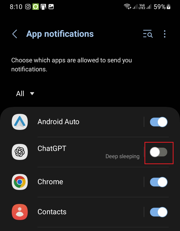 صفحة إعدادات إشعارات تطبيق Android تُظهر مفتاح Allow notifications الرئيسي مفعّلاً.