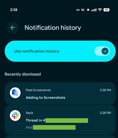 صفحة سجل إشعارات Android التي تم تفعيلها ولكنها لا تزال فارغة حتى وصول تنبيهات جديدة.