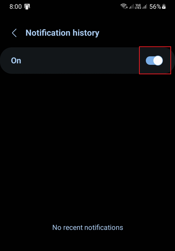 شاشة إعدادات إشعارات Android مع تفعيل خيار Use notification history.