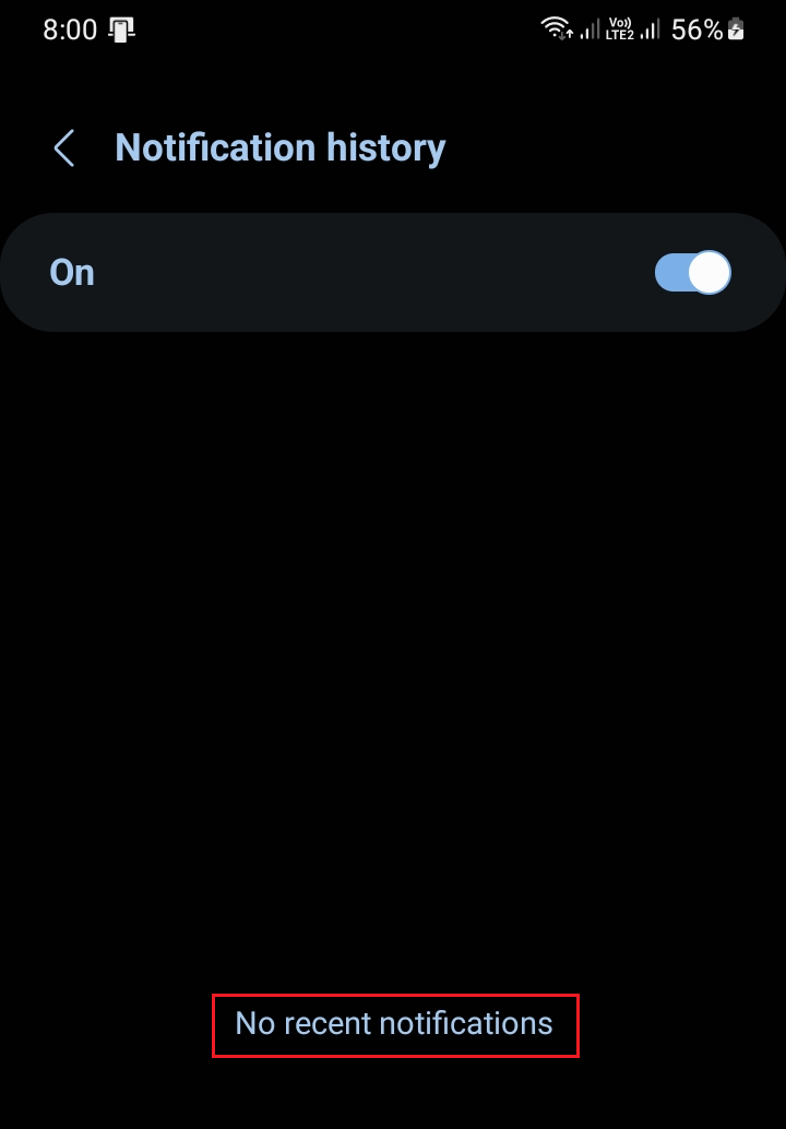 نتائج بحث إعدادات Android تظهر Notification history كخيار قابل للبحث.