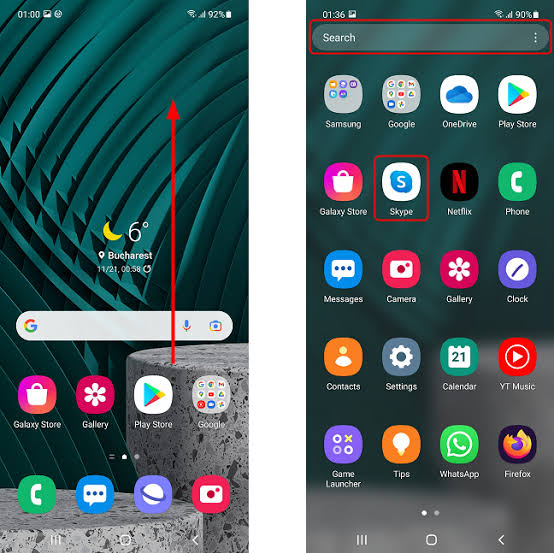 شاشة Android All Apps تبحث عن تطبيق مثبت مفقود من الشاشة الرئيسية.