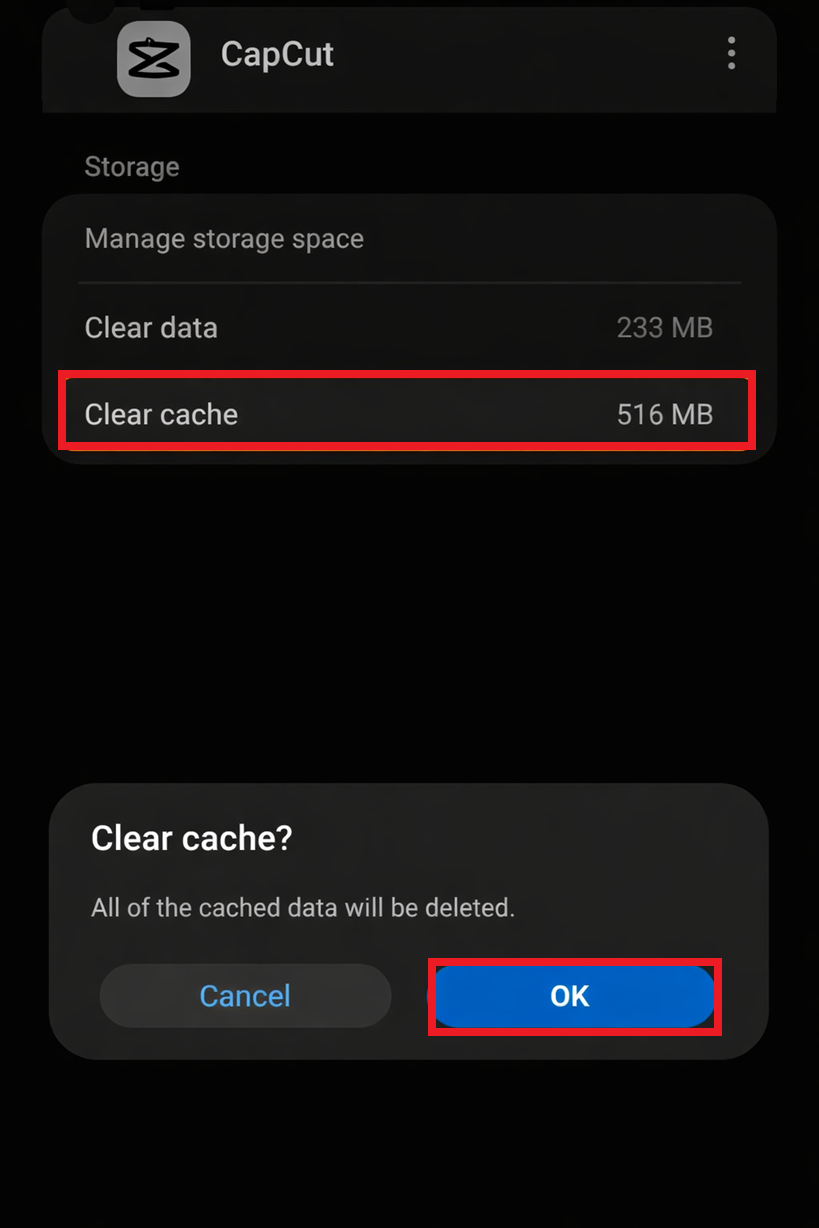 إعدادات تطبيق Android لمسح ذاكرة التخزين المؤقت لتطبيق CapCut بعد توقف ظهور القوالب.