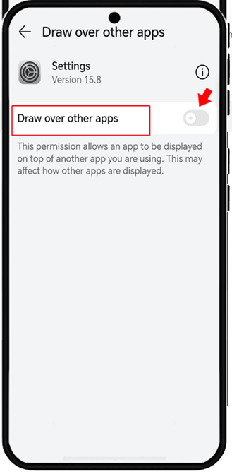 شاشة Android Display over other apps تعرض قائمة بالتطبيقات التي يمكن تحديدها وتبديلها يدويًا.