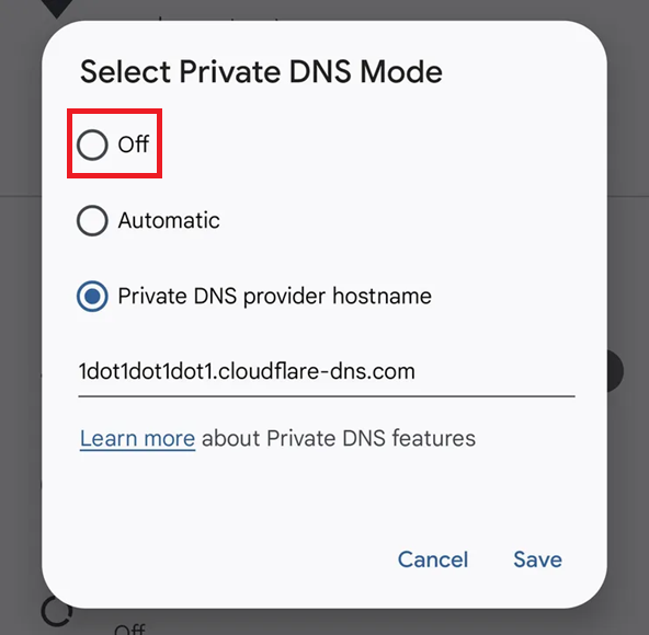 إعدادات Private DNS على Android يتم تبديلها إلى Automatic أو Off.