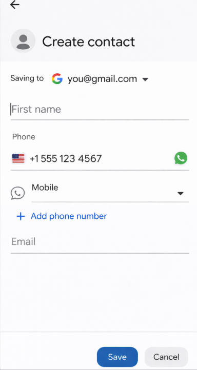 تطبيق جهات الاتصال على Android يختار حساب Google بدلاً من بطاقة SIM أو التخزين المحلي لجهة اتصال جديدة.