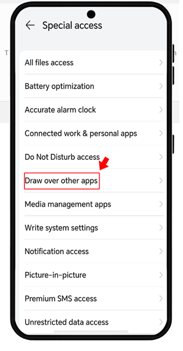 إعدادات Android تفتح التطبيقات ثم الوصول الخاص للتطبيق أثناء البحث عن العرض فوق التطبيقات الأخرى.