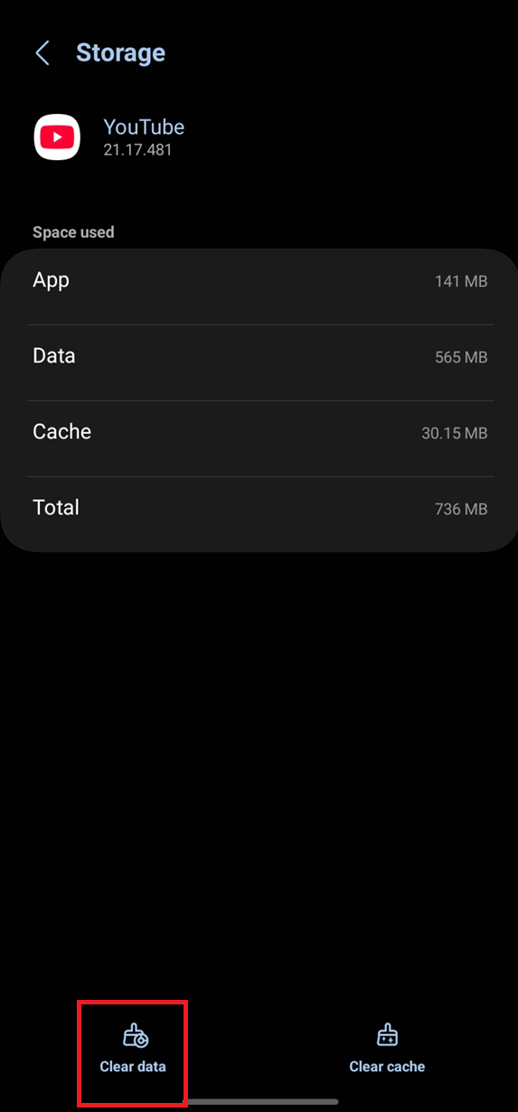 صفحة تخزين YouTube على Android تُظهر خيار مسح التخزين أو مسح البيانات.