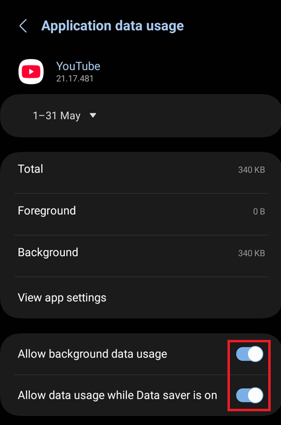 صفحة إعدادات تطبيق YouTube على Android تظهر خيارات بيانات الجوال و Wi-Fi.